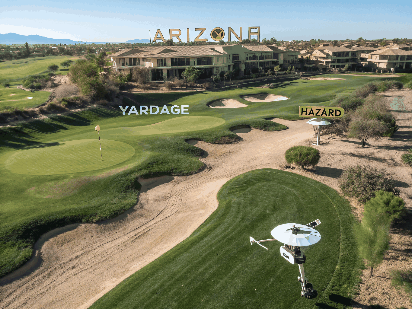 Aerial view of a golf practice facility and driving range